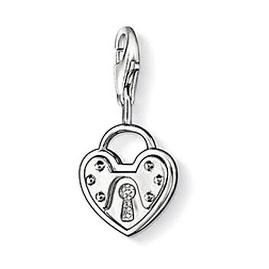 Charm 0806 Padlock Heart charm, silver heart-shaped padlock with clear cubic zirconia accents.