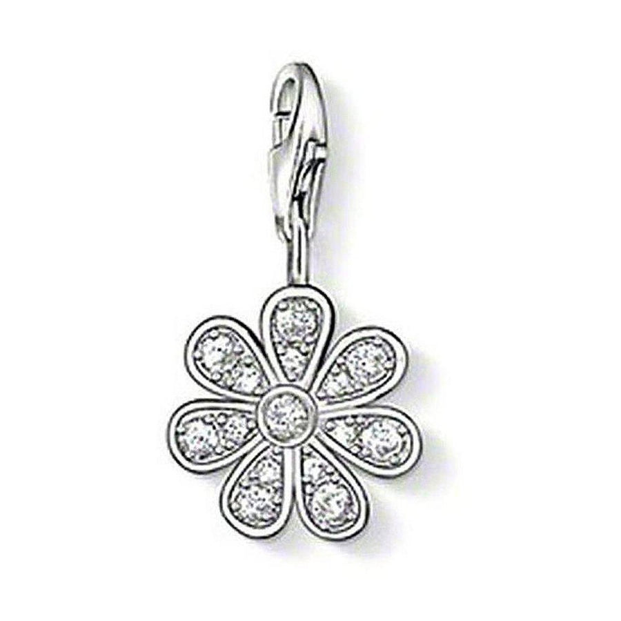 Charm 0814 Clear Zirconia Flower charm, silver daisy with clear cubic zirconia accents.
