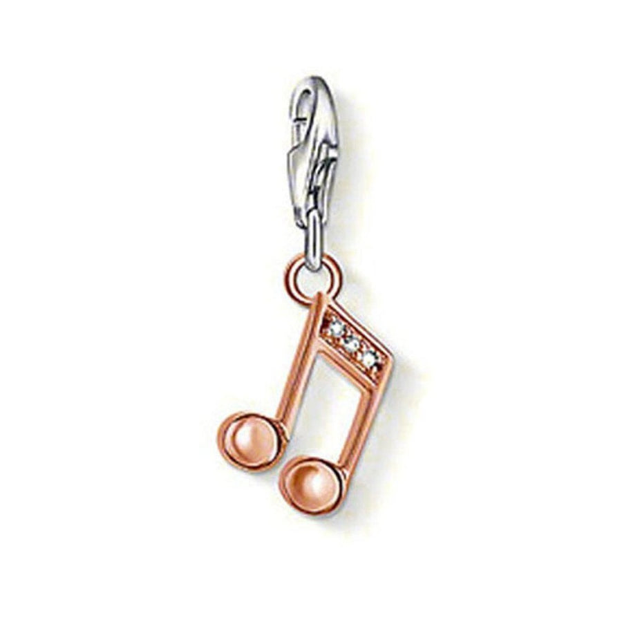 Rose gold musical note charm with clear cubic zirconia accents and pearl detailing.