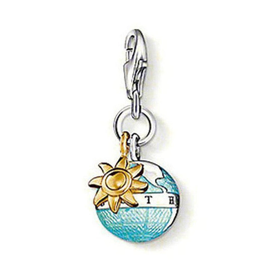 Charm 0923 Globe charm: teal globe with gold sun, silver clasp.