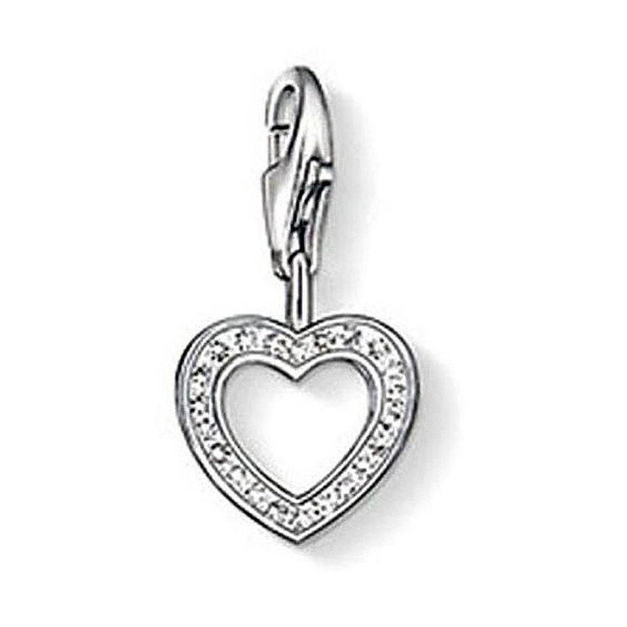 Charm 0930 Heart: Silver heart charm with clear cubic zirconia accents.
