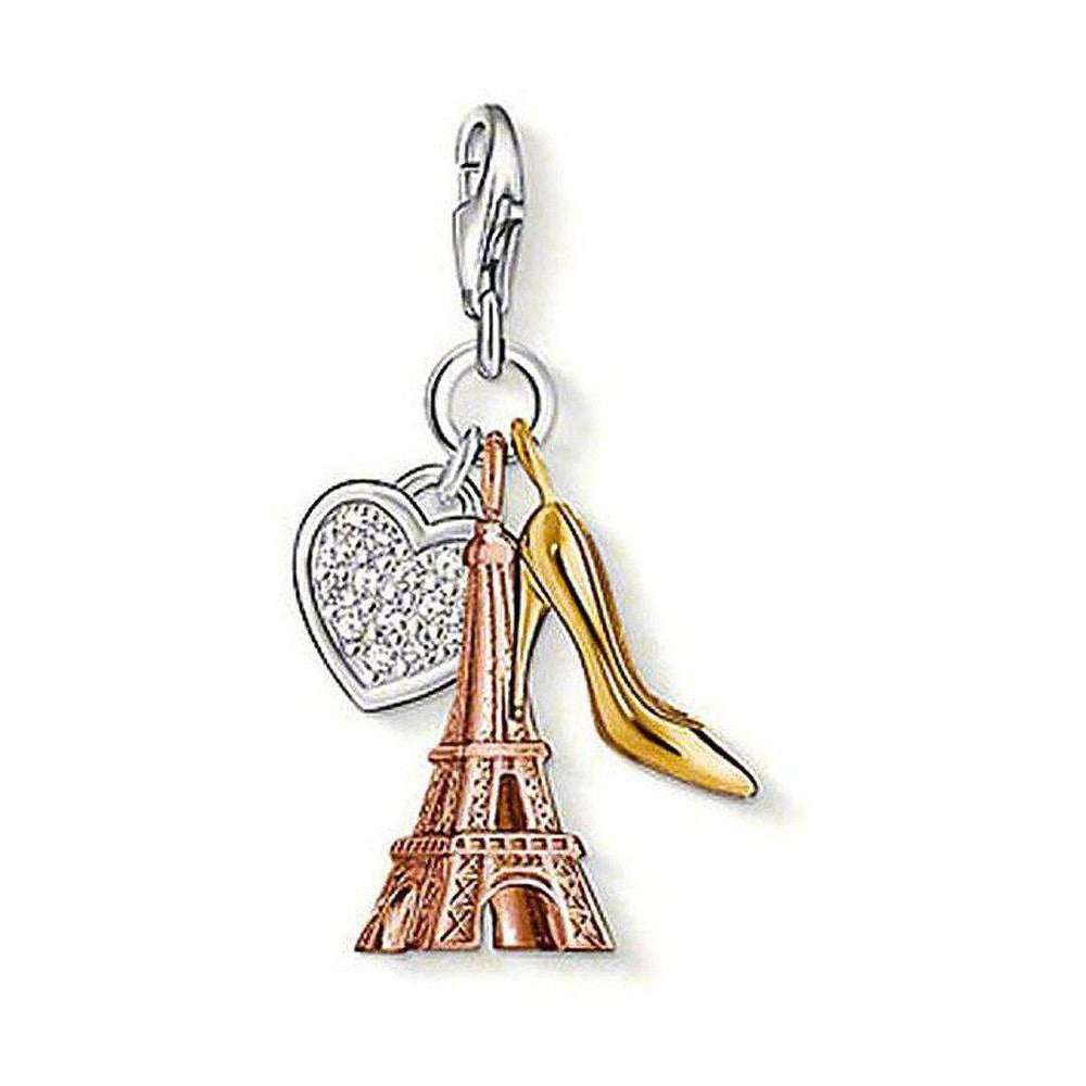 Charm 0936 Eiffel Tower charm with heart, high heel, and rose gold Eiffel Tower detail.