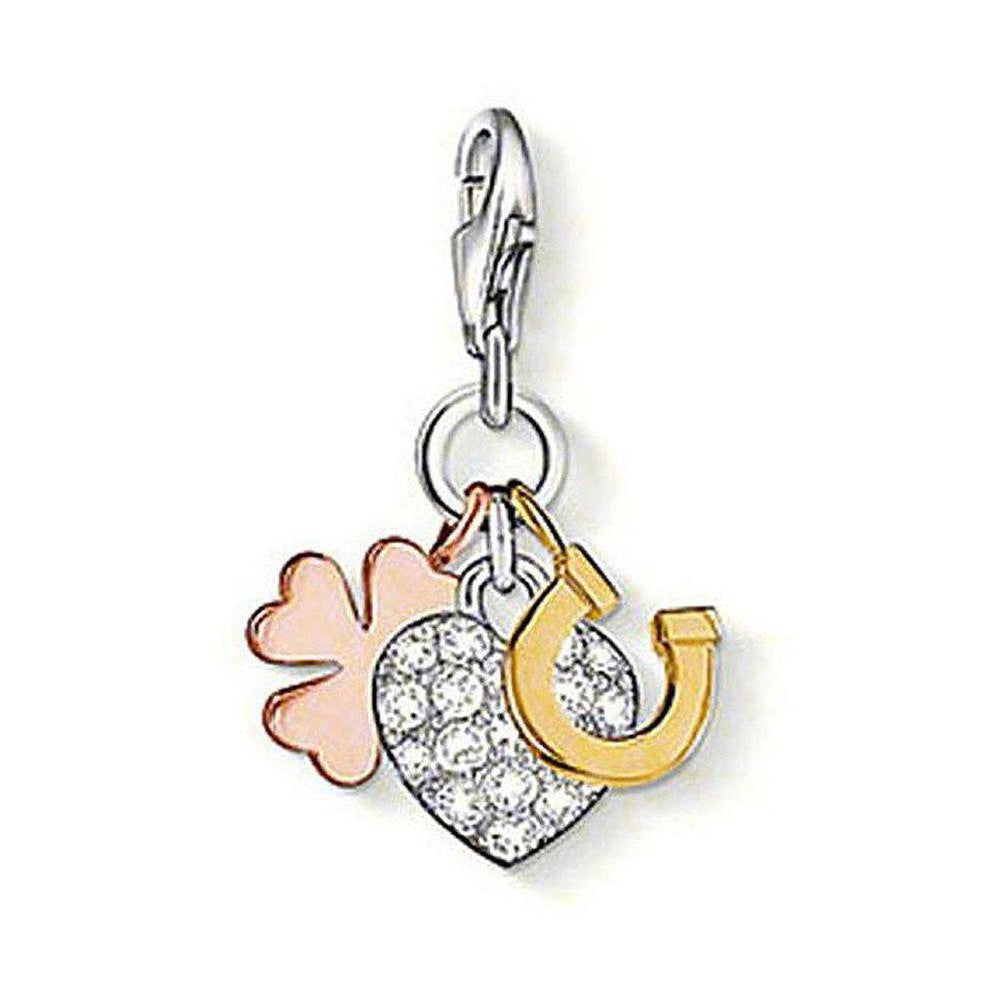 Charm 0944 Lucky Charm: Silver, gold, and rose gold-tone charm featuring a crystal-encrusted heart, horseshoe, and four-leaf clover.