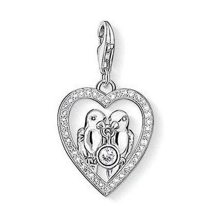 Charm 1101 Love Birds: Silver heart-shaped charm featuring two lovebirds and sparkling cubic zirconia accents.