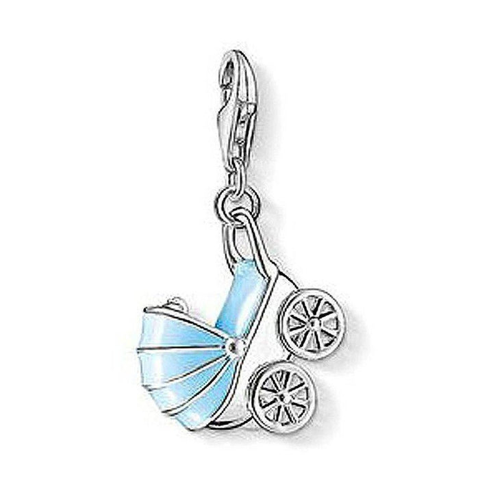 Charm 1115 blue baby stroller charm, silver with enamel detailing.