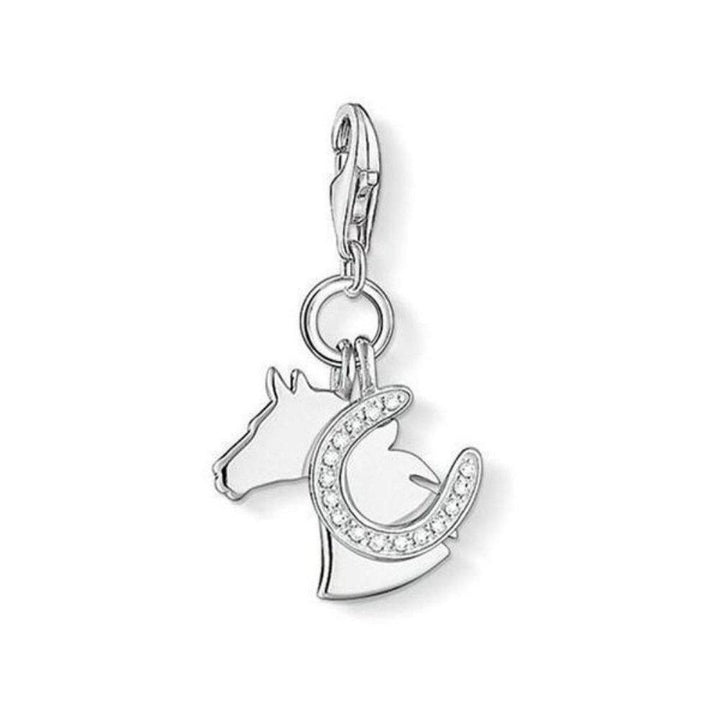 Charm 1247 Horse Charm: Silver horse & horseshoe pendant with cubic zirconia accents.