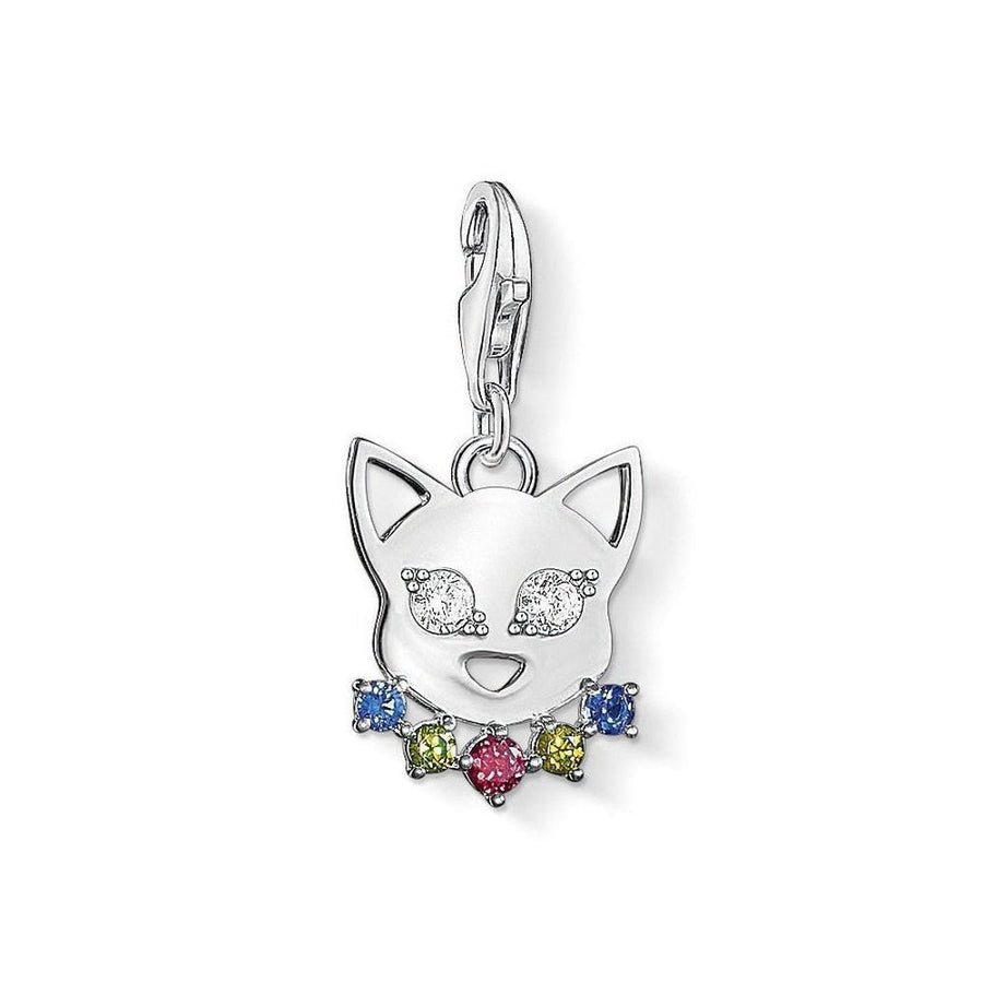 Charm 1295 Cat charm, silver cat face with colorful crystal necklace