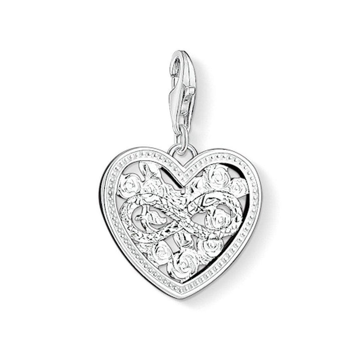 Charm 1315 Infinity Heart: Silver heart-shaped charm with intricate infinity symbol and rose detail.