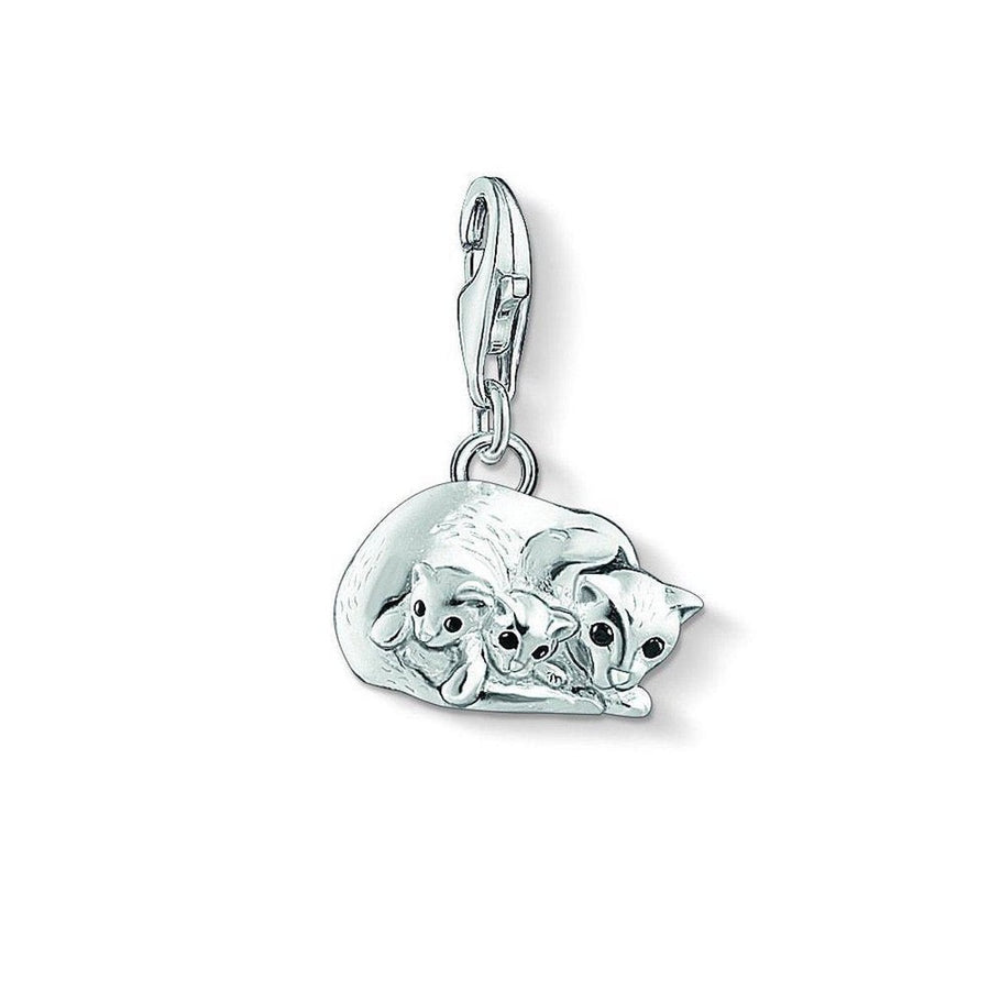 Charm 1335 Mommy Cat with Babies charm: Silver cat & kittens, perfect gift for cat lovers.