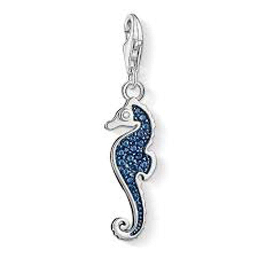 Charm 1342 Seahorse: Blue crystal seahorse charm, silver-tone metal, for jewelry making.