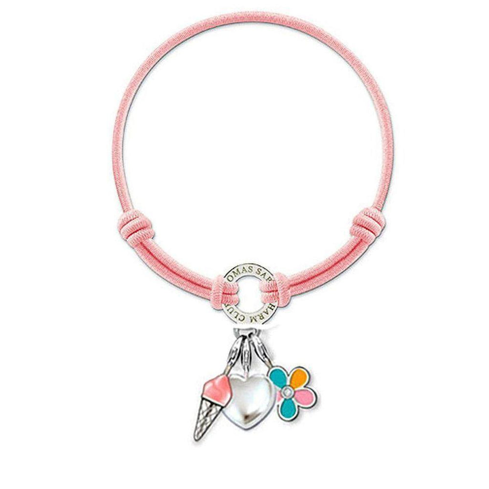 Pink elastic bracelet with silver charm featuring ice cream, heart, and flower pendants.