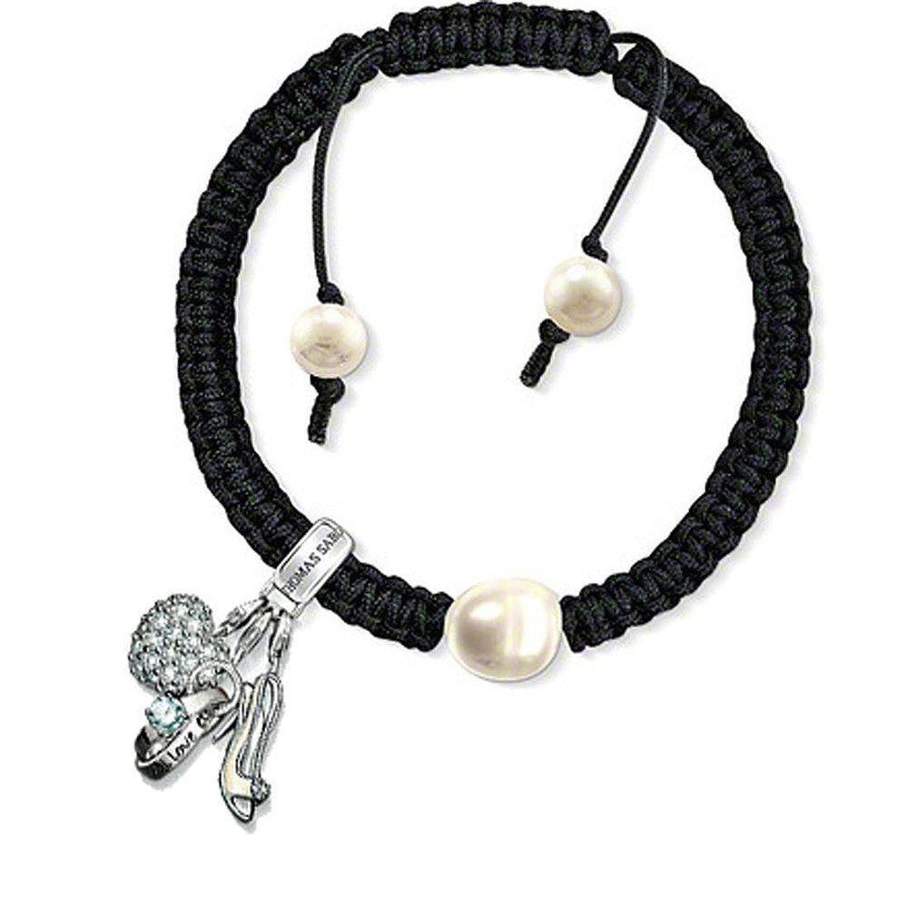 Black braided cord bracelet adorned with pearls and a charm featuring a heart, ring, and shoe.