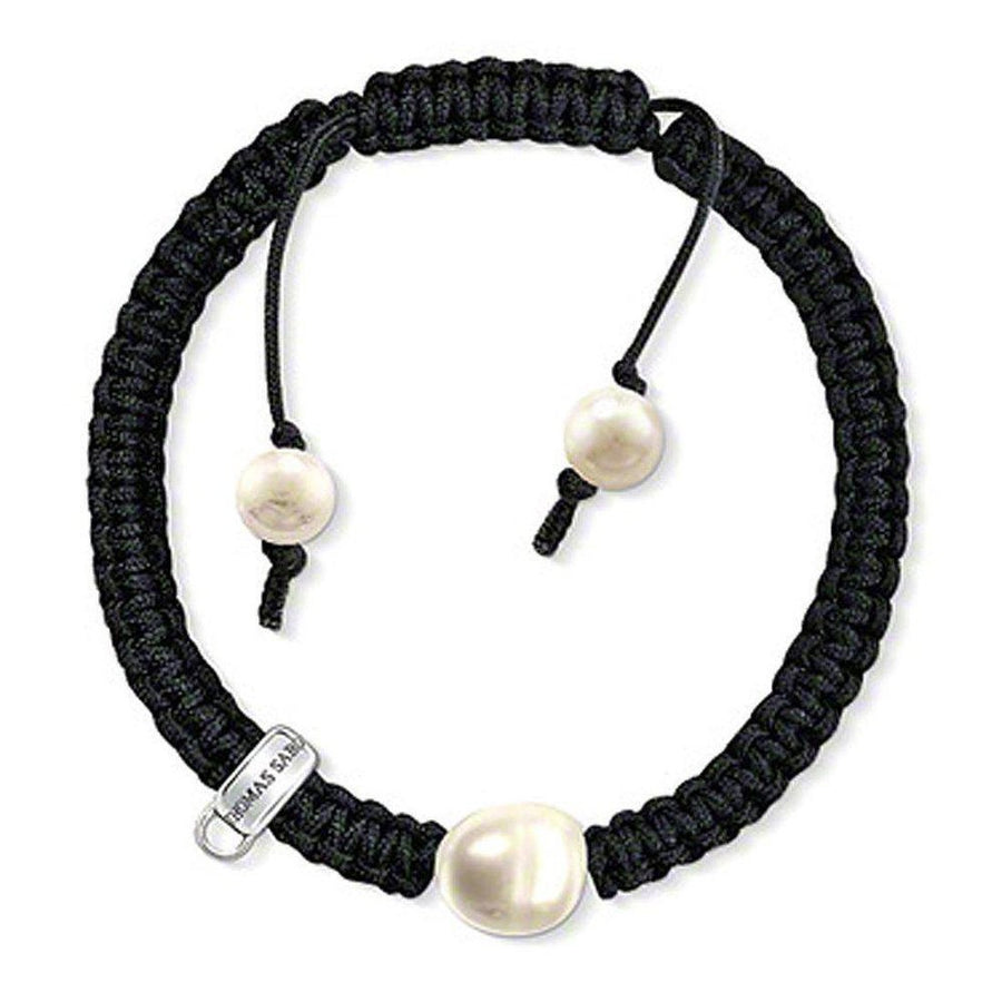 Elegant Thomas Sabo black cord charm bracelet with three lustrous pearls.