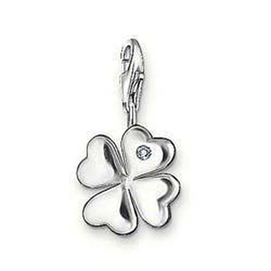 Charm DC0006 Diamond Clover Leaf pendant: Silver four-leaf clover charm with a clear cubic zirconia.