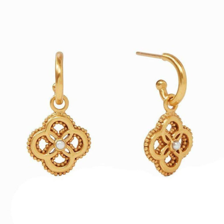 Gold Chloe Hoop and Charm earrings with floral detailing and pearl accents.
