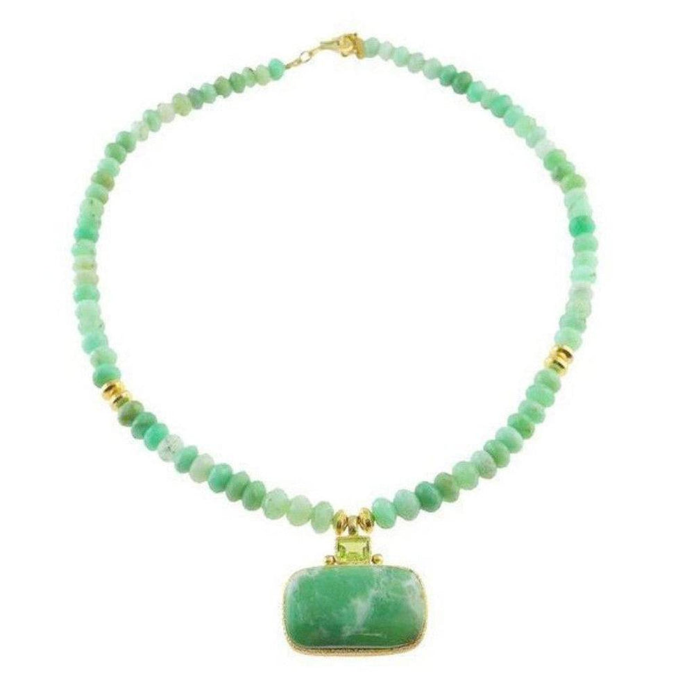 Green gemstone necklace with rectangular chrysoprase pendant.
