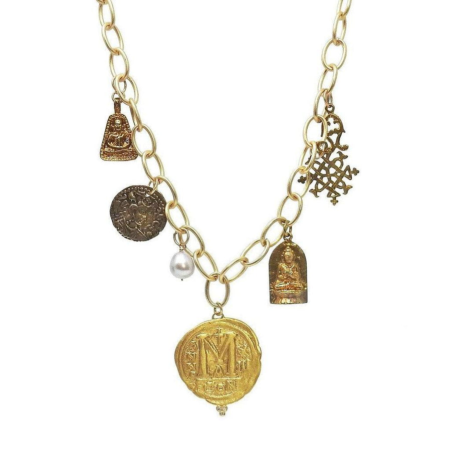 Gold Chunky Blessing Charm Necklace with Buddha, coin, and cross charms
