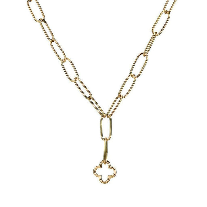 Gold Clover Lariat necklace with oval chain and clover pendant.