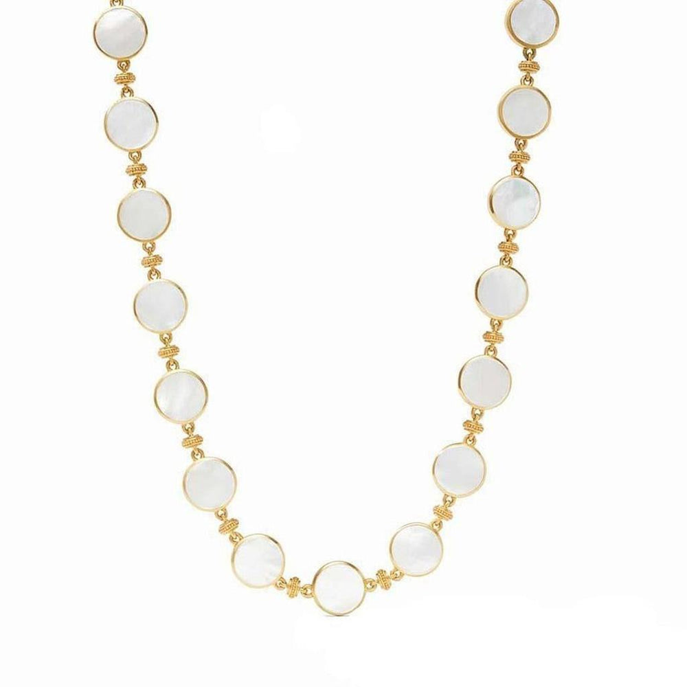 White mother-of-pearl coin necklace with gold accents.