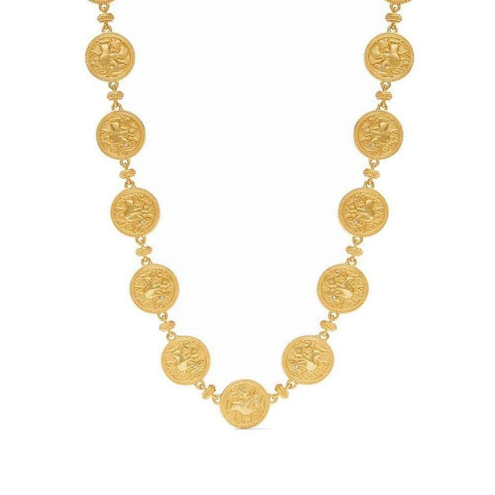 Gold coin double-sided necklace with embossed details.