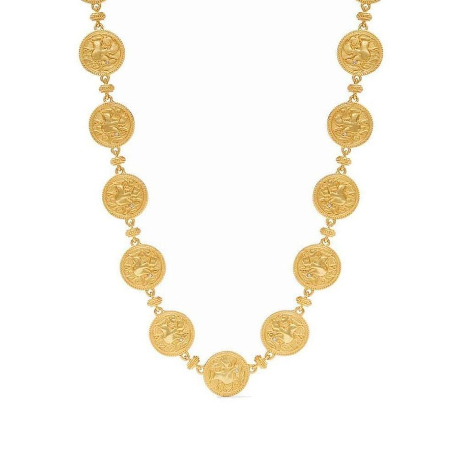 Gold coin double-sided necklace with embossed details.