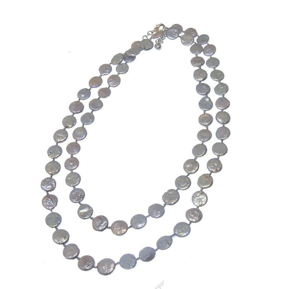 Double-strand coin pearl necklace, gray iridescent beads.