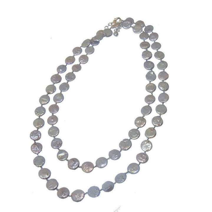 Double-strand coin pearl necklace, gray iridescent beads.