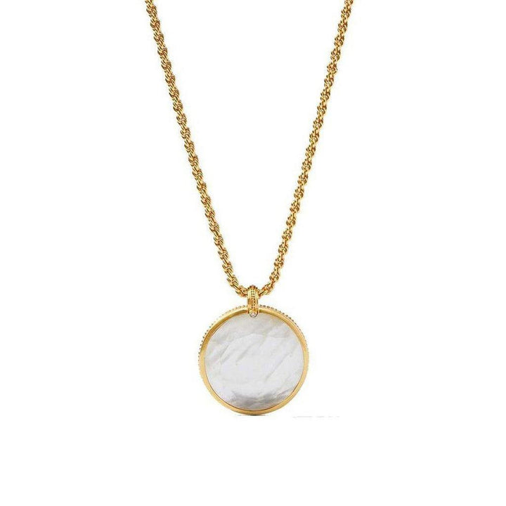 Gold rope chain necklace with reversible white mother-of-pearl coin pendant.