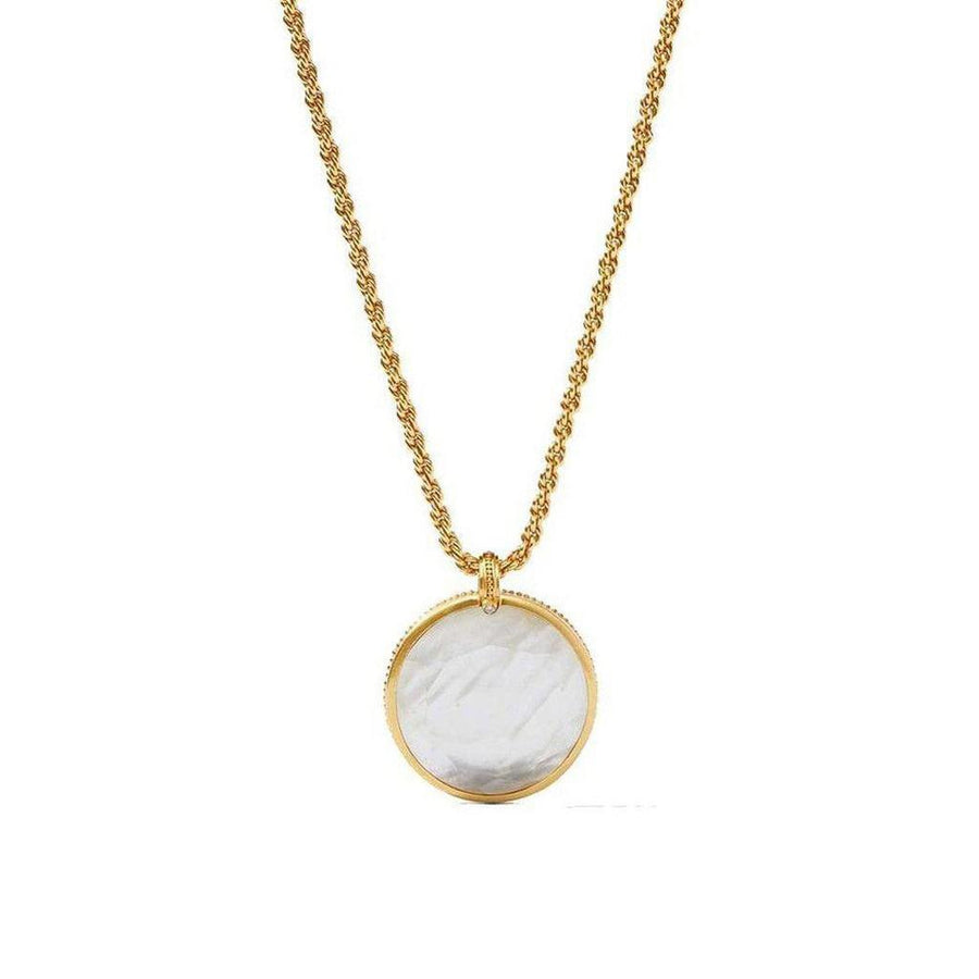 Gold rope chain necklace with reversible white mother-of-pearl coin pendant.