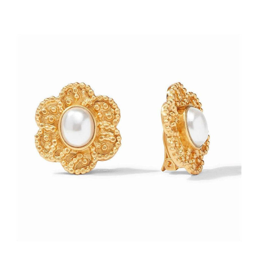 Colette gold floral clip-on earrings with pearl center