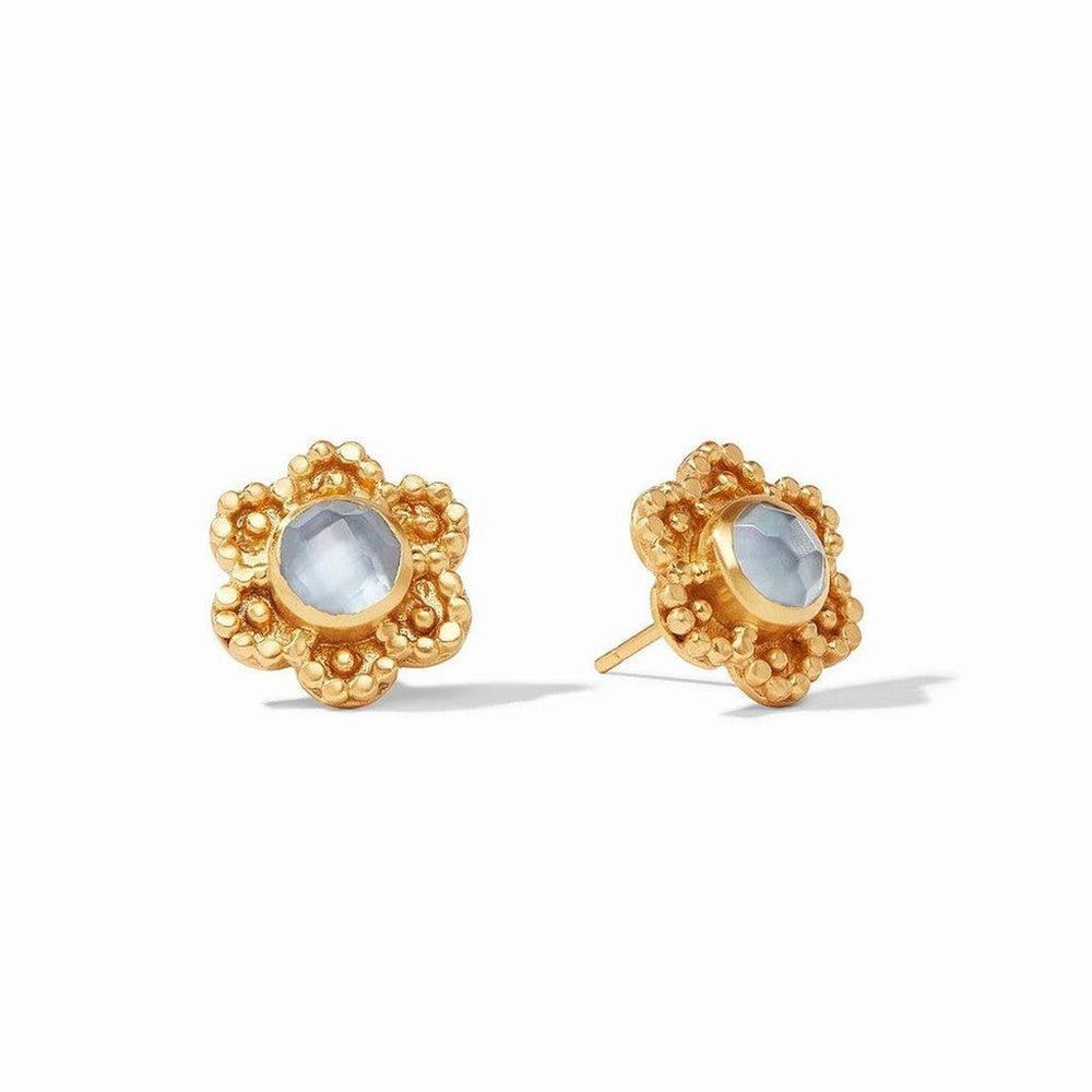 Gold flower-shaped stud earrings with light blue gemstone centers.
