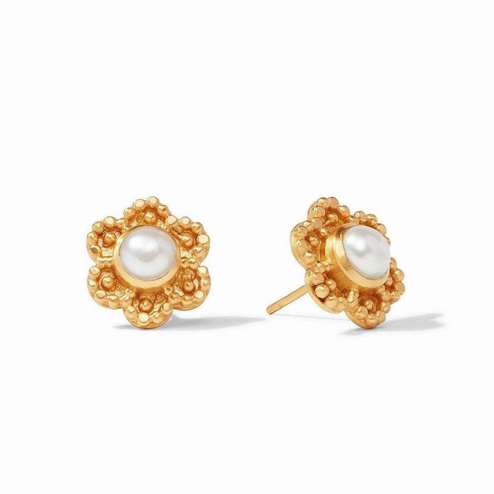 Gold flower-shaped stud earrings with pearl center.