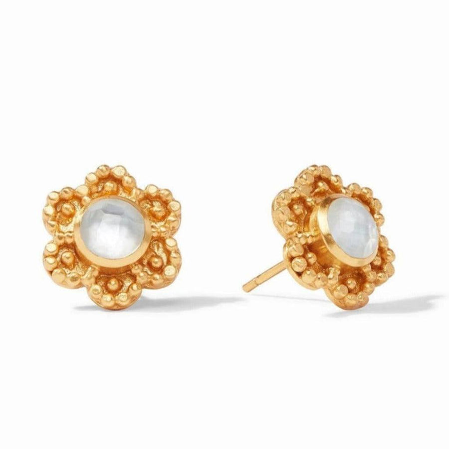 Colette gold stud earrings with moonstone center, floral design