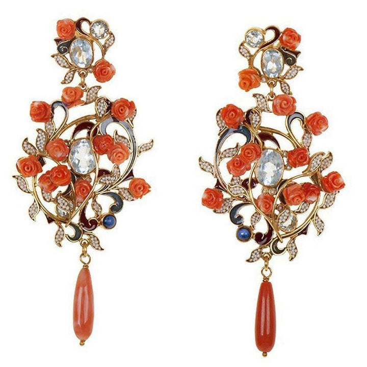 Elegant Coral and Rose gold earrings with aquamarine and pearl accents.