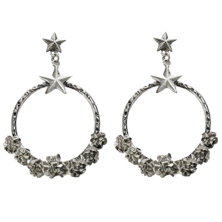 Coronation Circle Post Earrings: Silver hoop earrings adorned with textured floral details and dangling star charms.