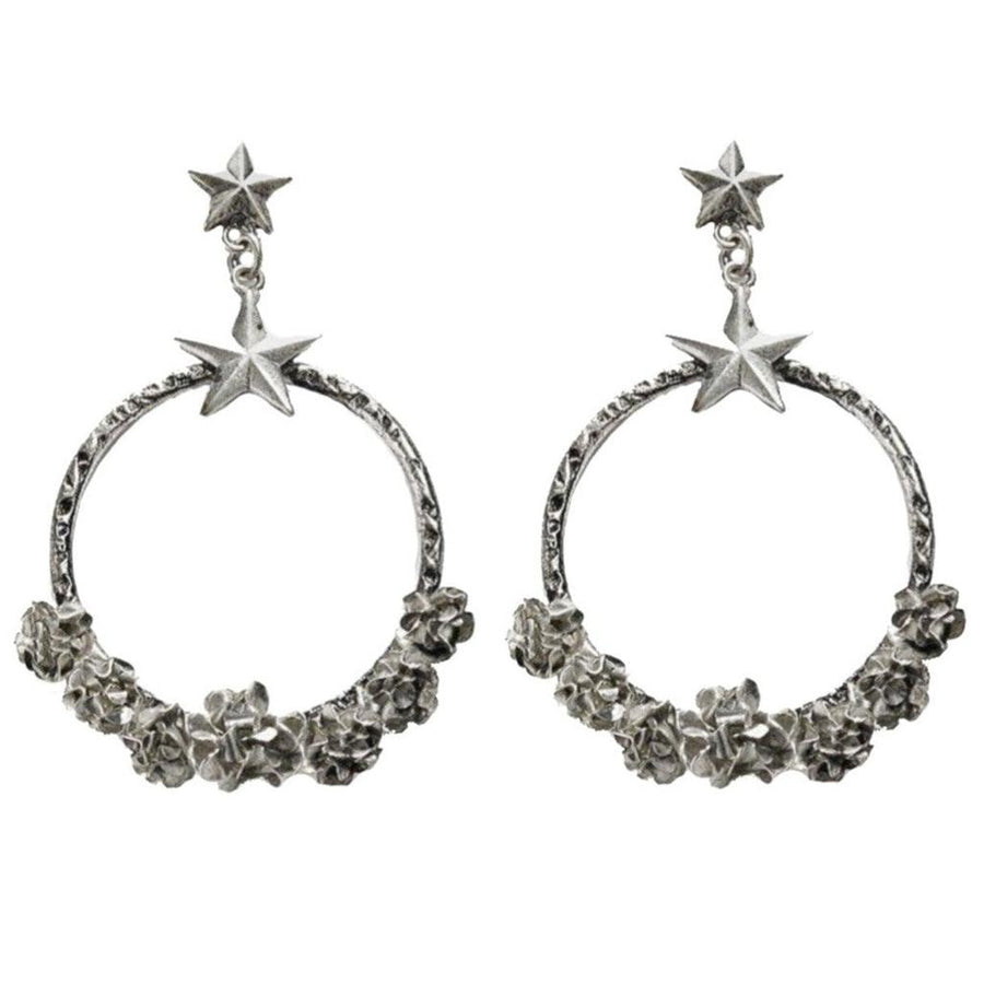 Coronation Circle Post Earrings: Silver hoop earrings adorned with textured floral details and dangling star charms.