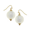 Cotton Pearl Dangle Earrings: Elegant white cotton pearl sphere earrings with gold accents.