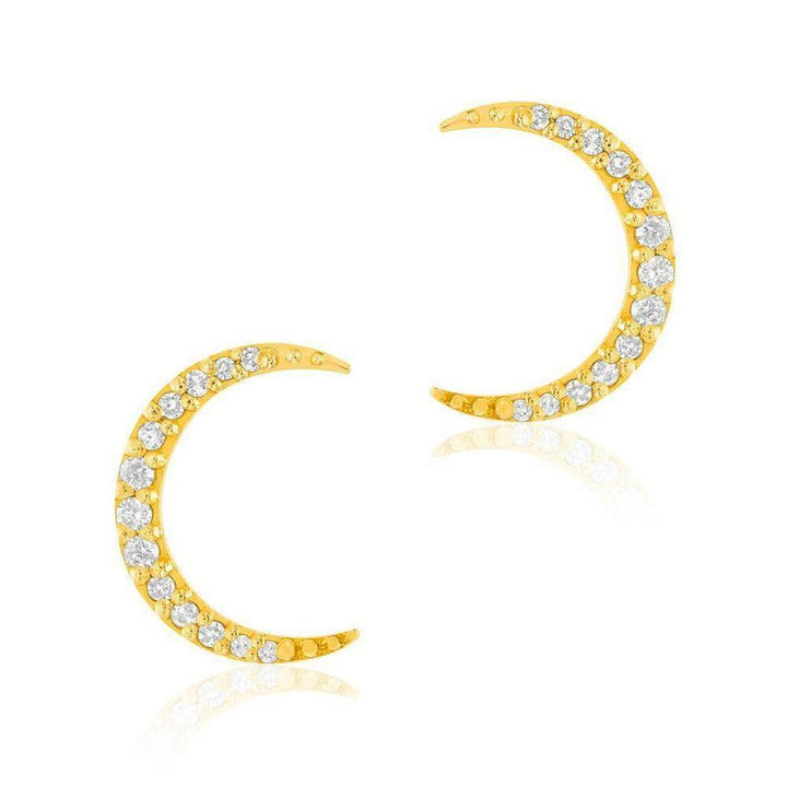 Crescent Moon Gold Post Earrings with sparkling cubic zirconia accents.