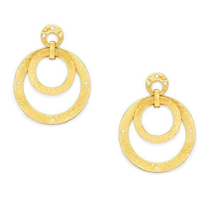Gold statement earrings; double hammered circles with small stones.
