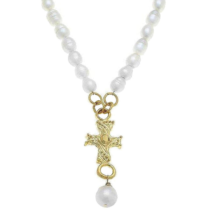 Elegant pearl necklace with gold cross pendant