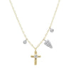 Yellow gold cross necklace with diamond accents; delicate chain, charming design.