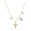 Yellow gold cross necklace with diamond accents; delicate chain, charming design.