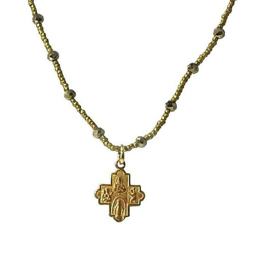 Cross on Heishi with pyrite-Andrea Barnett-Swag Designer Jewelry