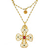 Gold Crown Cross necklace with red and blue gemstone accents