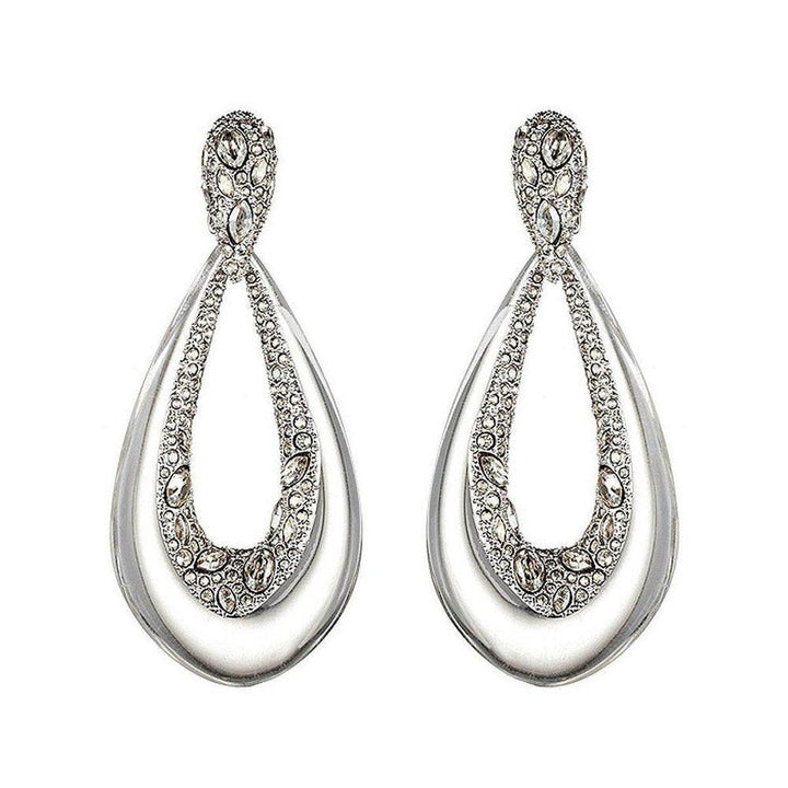 Crystal Deco teardrop clip earrings with clear resin and sparkling crystal accents.