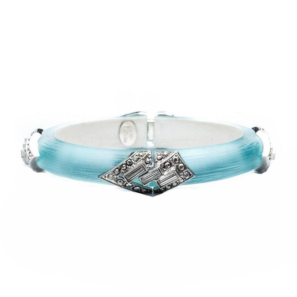 Crystal Pave Baguette Bracelet: Light blue resin bangle with silver crystal pave detailing.
