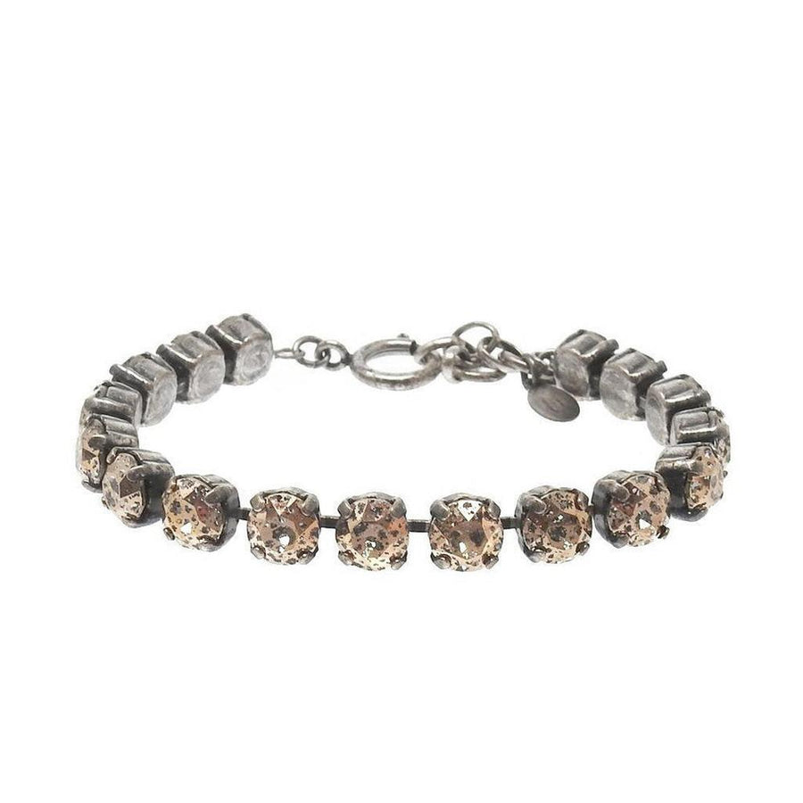 Iridescent blush crystal tennis bracelet with oxidized silver chain.