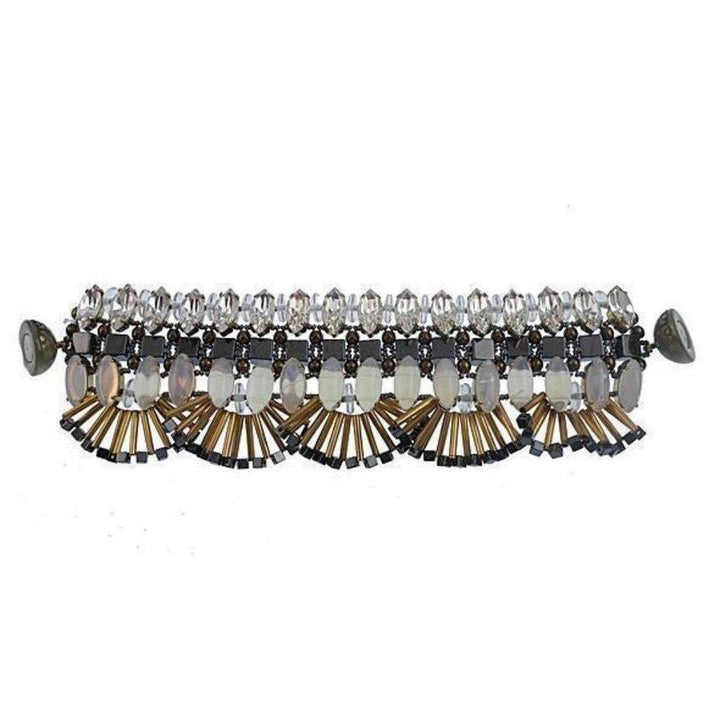 Crystal and Hematite Beaded Bracelet: Elegant gray, gold, and clear crystal design.