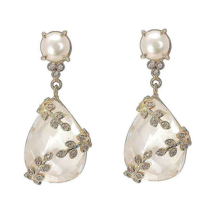 Elegant crystal and pearl drop earrings with gold leaf accents.