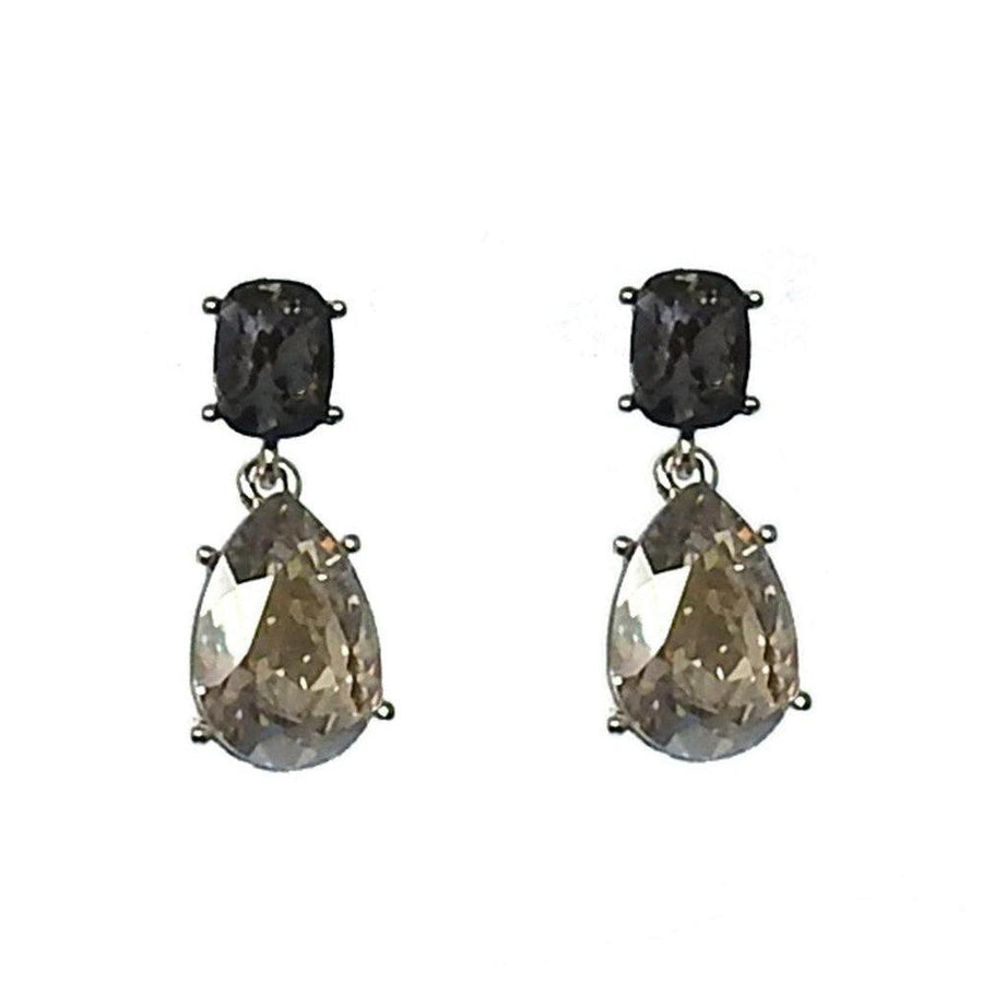 Crystal tier drop earrings with black and smoky gray crystals.